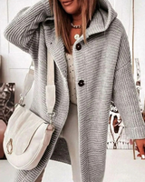 Josie | Damen Lange Strickjacke mit Kapuze, Knöpfen und Struktur in Grau