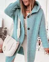 Josie | Damen Lange Strickjacke mit Kapuze, Knöpfen und Struktur in Hellblau