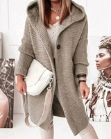 Josie | Damen Lange Strickjacke mit Kapuze, Knöpfen und Struktur in Hellbraun