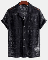 Ricardo - Kurzarmhemd Geometry Textured Cuban Shirt in Schwarz