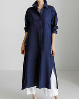 Karolin | Damen Langarm Hemdblusenkleid Midi in Marineblau