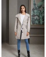 Karoline | Damen Regenjacke Wasserdicht mit Kapuze, Langer Mantel mit Taschen und Knöpfen in Grau