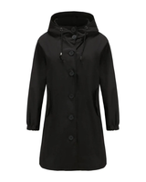 Karoline | Damen Regenjacke Wasserdicht mit Kapuze, Langer Mantel mit Taschen und Knöpfen in Schwarz