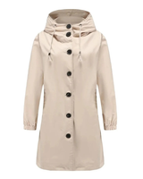 Karoline | Damen Regenjacke Wasserdicht mit Kapuze, Langer Mantel mit Taschen und Knöpfen in Beige