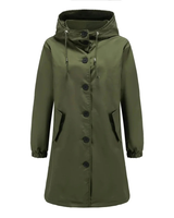 Karoline | Damen Regenjacke Wasserdicht mit Kapuze, Langer Mantel mit Taschen und Knöpfen in Olivgrün