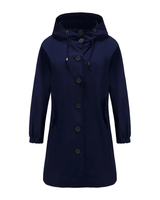 Karoline | Damen Regenjacke Wasserdicht mit Kapuze, Langer Mantel mit Taschen und Knöpfen in Marineblau