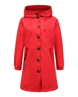 Karoline | Damen Regenjacke Wasserdicht mit Kapuze, Langer Mantel mit Taschen und Knöpfen in Rot