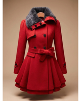 Karoline | Damen Winterjacke mit Kunstfell, Kragen und Gürtel in Rot