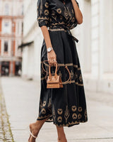 Kassandra | Damen Boho Ethno Midikleid Langarm in Schwarz