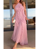 Kassandra | Damen Plissee Maxikleid mit Rüschen und Neckholder in Rosa
