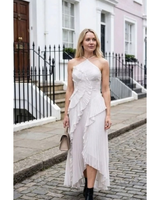 Kassandra | Damen Plissee Maxikleid mit Rüschen und Neckholder in Weiß