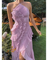 Kassandra | Damen Plissee Maxikleid mit Rüschen und Neckholder in Lila
