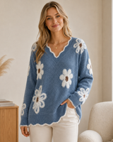 Katharina | Damen Pullover mit großen Blumen in Blau
