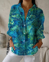 Katrin | Damen Bluse mit tropischem Print in Blauer Pfau