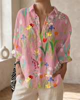Katrin | Damen Bluse mit tropischem Print in Rosa Gelb Druck