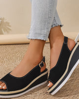 Keilabsatz Slingback Plateau Sandalen in Schwarz