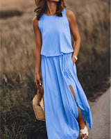 Klara | Damen Ärmelloses Rundhals Maxikleid in Blau