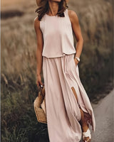 Klara | Damen Ärmelloses Rundhals Maxikleid in Khaki