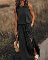 Klara | Damen Ärmelloses Rundhals Maxikleid in Schwarz