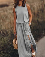 Klara | Damen Ärmelloses Rundhals Maxikleid in Grau
