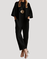 Klara | Damen Weites Bein Kurzarm Jumpsuit in Schwarz
