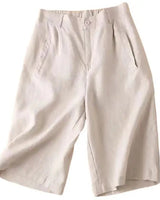 Knielange Damen-Shorts mit Bundfalten aus Leinenmischgewebe in Beige