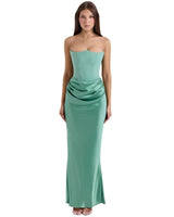 Sabrina | Damen Trägerloses Korsett Maxikleid Satin – Satin Korsett Maxi 2026 in Salbeigrün
