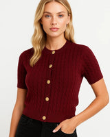 Kurzarm Strickjacke Damen Elegant in Bordeaux