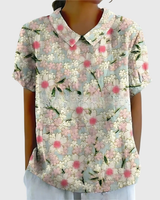 Kurzärmelige Damenbluse mit Blumenmuster und Bubikragen in Weiß 2