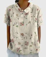 Kurzärmelige Damenbluse mit Blumenmuster und Bubikragen in Weiß 4