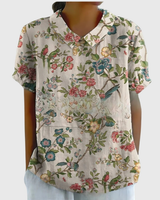 Kurzärmelige Damenbluse mit Blumenmuster und Bubikragen in Weiß 5
