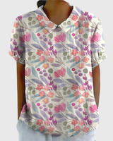 Kurzärmelige Damenbluse mit Blumenmuster und Bubikragen in Weiß 7