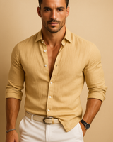 Langärmliges Button-Down-Hemd für Herren mit Kragen und Krempelärmeln in Khaki