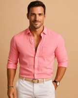 Langärmliges Button-Down-Hemd für Herren mit Kragen und Krempelärmeln in Rosa