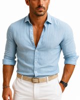 Langärmliges Button-Down-Hemd für Herren mit Kragen und Krempelärmeln in Hellblau