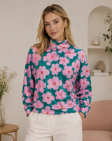 Laura | Damen Rollkragenpullover mit Blumen in Rosé und Grün in Mehrfarbig