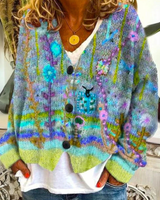 Lavinia | Damen Strickjacke mit V Ausschnitt, Knöpfen und Blumenmuster in Grün
