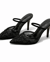Leandra | Damen Bestickte Slingback Pumps mit spitzer Zehenpartie in Schwarz