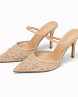 Leandra | Damen Bestickte Slingback Pumps mit spitzer Zehenpartie in Beige