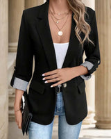 Leandra | Damen Blazer Reverskragen 3/4-Ärmel Streifenaufschlag in Schwarz