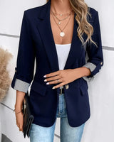 Leandra | Damen Blazer Reverskragen 3/4-Ärmel Streifenaufschlag in Marineblau