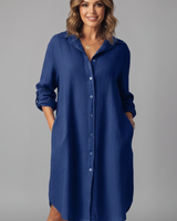 Leandra | Damen Hemdblusenkleid mit Langarm in Dunkelblau