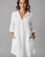 Leandra | Damen Hemdblusenkleid mit Langarm in Weiß