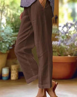 Leinen Verkürzte Damen-Hose mit geradem Bein und Umschlag in Braun