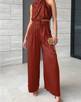 Leona | Damen Zweiteiler Neckholder Crop Top Weite Hose in Rot