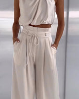 Leona | Damen Zweiteiler Neckholder Crop Top Weite Hose in Champagner