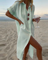 Leontine | Damen Hemdblusenkleid Knopfleiste Midi Strandkleid in Hellgrün