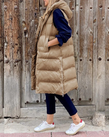 Lilian | Damen Lange Weste Mit Kapuze, Reißverschluss Und Komfort Design in Khaki