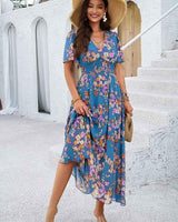 Liliana – Boho Maxikleid mit Blumenprint, V-Ausschnitt & Smoktaille in Blau