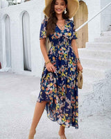 Liliana – Boho Maxikleid mit Blumenprint, V-Ausschnitt & Smoktaille in Marineblau